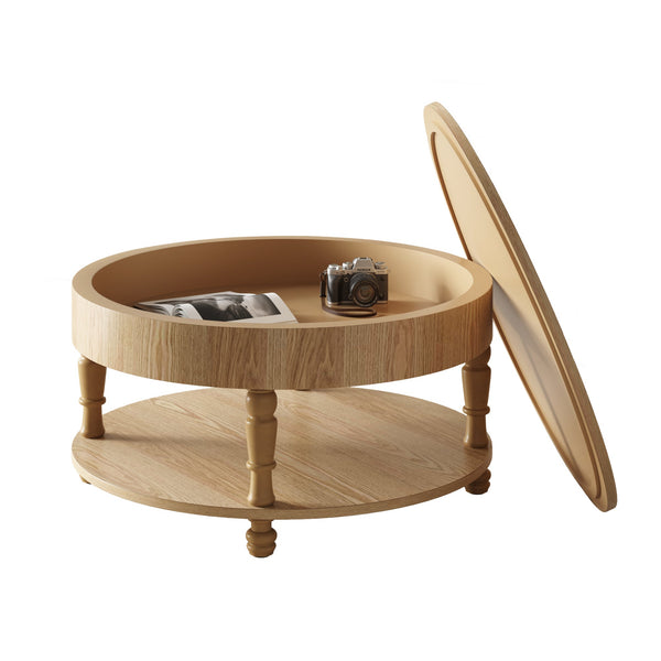Round Coffee Activity Table with Dual Storage - Natural Wood, 31.5"