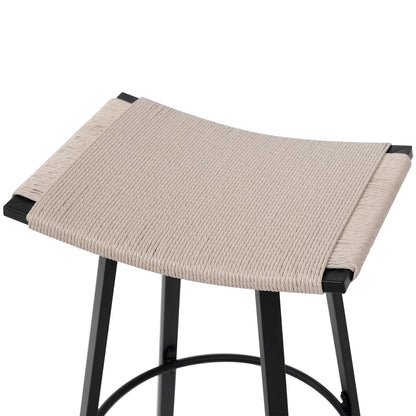Counter Height Bar Stools Backless Handwoven Set with Round Footrest - Creamy White