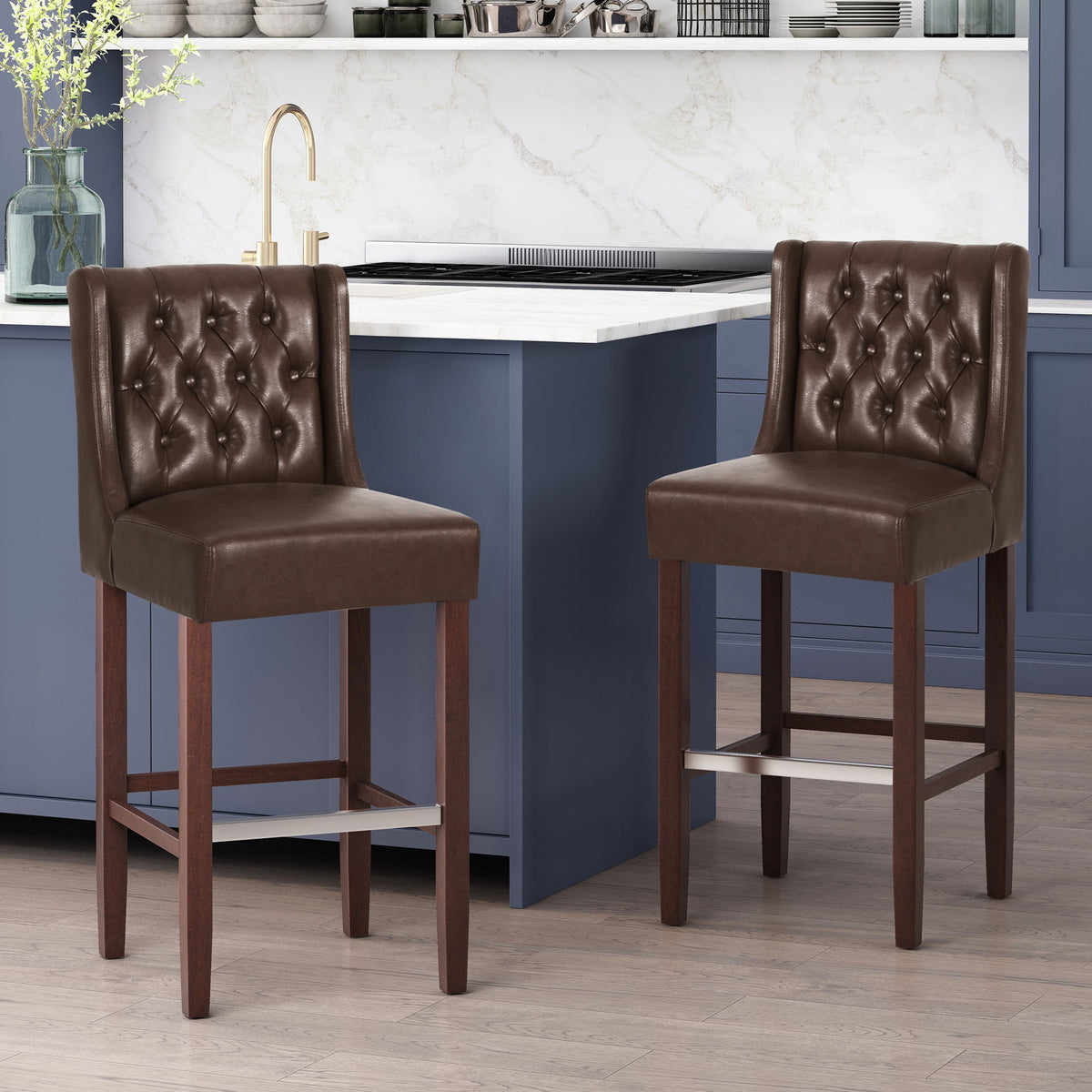 Upholstered Barstool with Button Tufted Wing Back - Multiple Colors