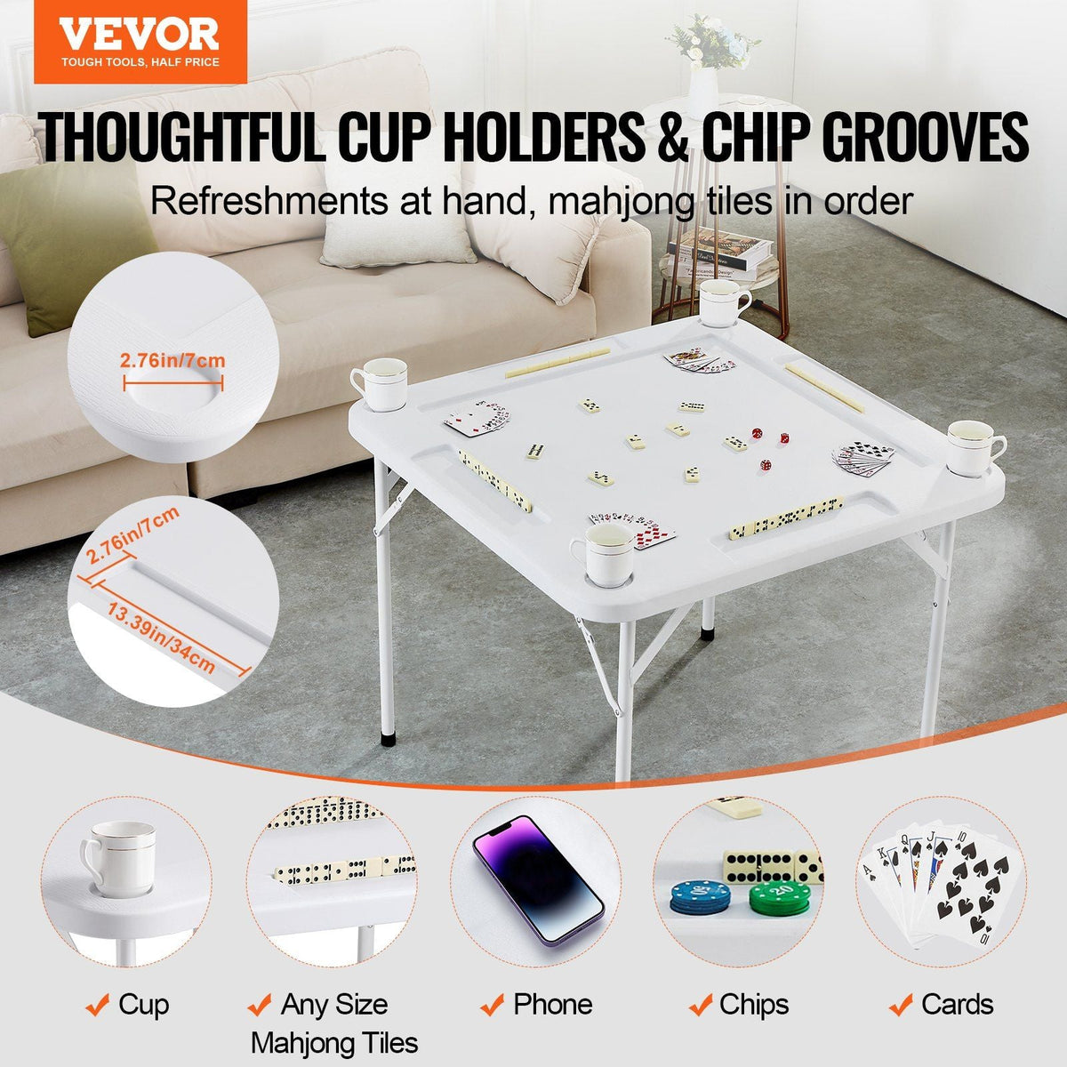 VEVOR Mahjong Table, Square 4 Player Folding Card Table with 4 Cup Holders & 4 Chip Trays, Portable Domino Game Table with 1 Set of Dominoes for Mahjong Poker Puzzles, 35.4 x 35.4-inch, White