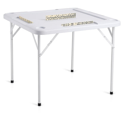 VEVOR Mahjong Table, Square 4 Player Folding Card Table with 4 Cup Holders & 4 Chip Trays, Portable Domino Game Table with 1 Set of Dominoes for Mahjong Poker Puzzles, 35.4 x 35.4-inch, White