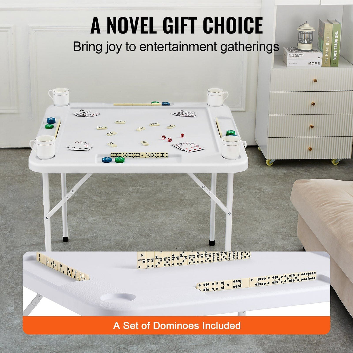 VEVOR Mahjong Table, Square 4 Player Folding Card Table with 4 Cup Holders & 4 Chip Trays, Portable Domino Game Table with 1 Set of Dominoes for Mahjong Poker Puzzles, 35.4 x 35.4-inch, White