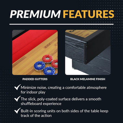 Avenger 9-Foot Shuffleboard Table for Family Game Rooms – Poly-Coated Playfield, Integrated Scoring System, Carpeted Gutters, Includes 8 Pucks, Brush, and Wax – Black Finish