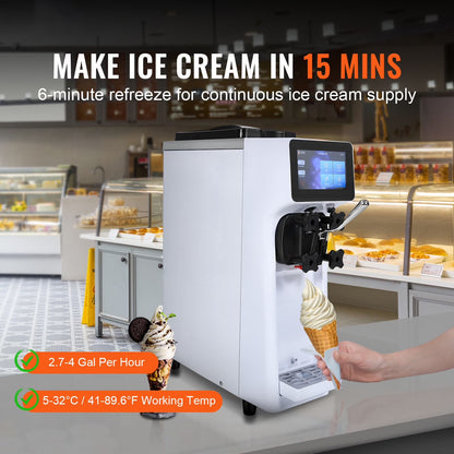 Commercial Ice Cream Machine 2.7-4Gal/10-15L/H 4L Hopper Single Flavor Countertop Soft Serve Ice Cream Maker Auto Clean Pre-Cooling