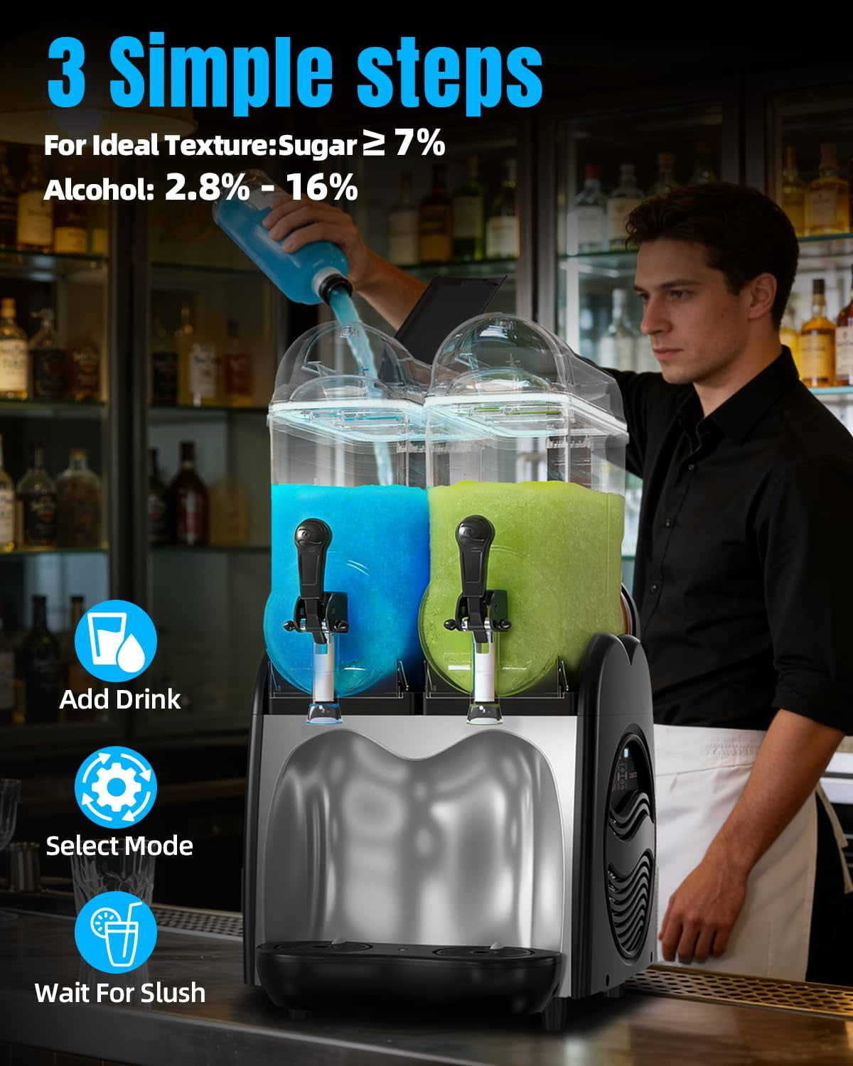 36L Commercial Slushie Machine 2 Tanks 9.5 Gal Frozen Drink Machine for Margarita Wine Slushies, 7-Color LED Light, 5 Smart Modes, Auto Clean, Slushy Machine for Bar Café Restaurant Party 120V/60Hz