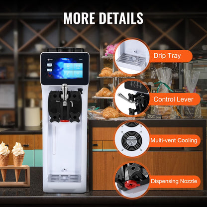 Commercial Ice Cream Machine 2.7-4Gal/10-15L/H 4L Hopper Single Flavor Countertop Soft Serve Ice Cream Maker Auto Clean Pre-Cooling