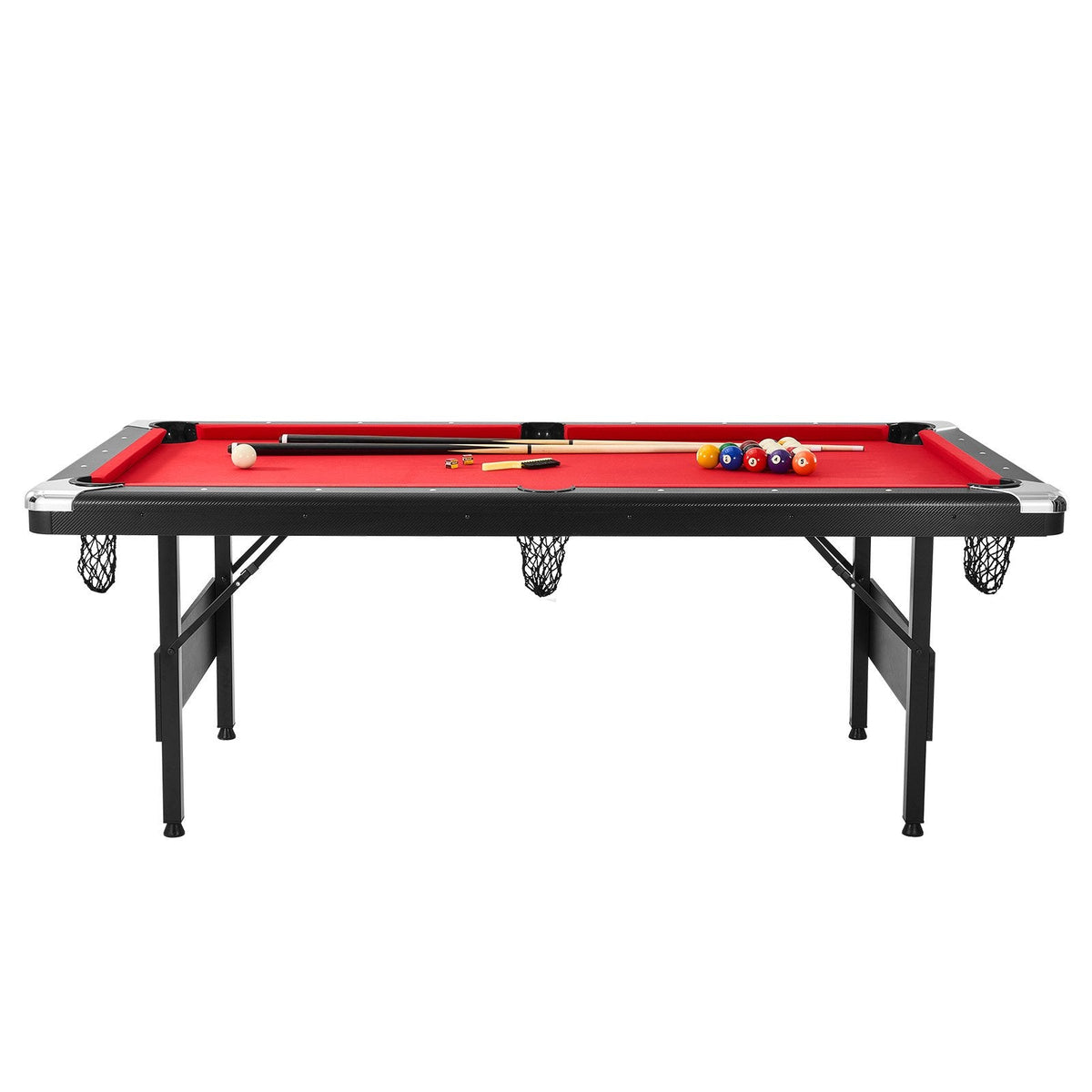 Billiards Table, 7 Ft Pool Table, Portable Foldable Space-Saving Table, Billiard Table Set Includes Balls, Cues, Chalks And Brush, Black With Red Cloth, Perfect For Family Game Room Kids Adults