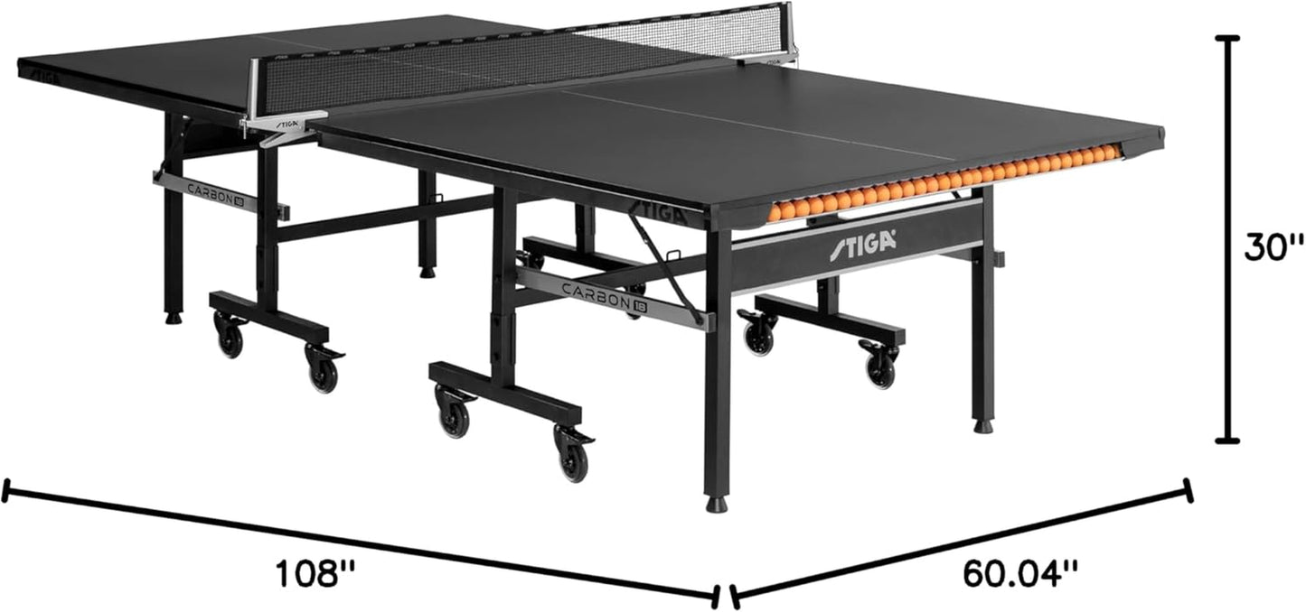 Carbon Series Indoor Table Tennis Table with 15Mm - 18Mm Performance Top, Quickplay Assembly, Built-In Ball Storage, Foldable Playback Mode & Lockable Casters