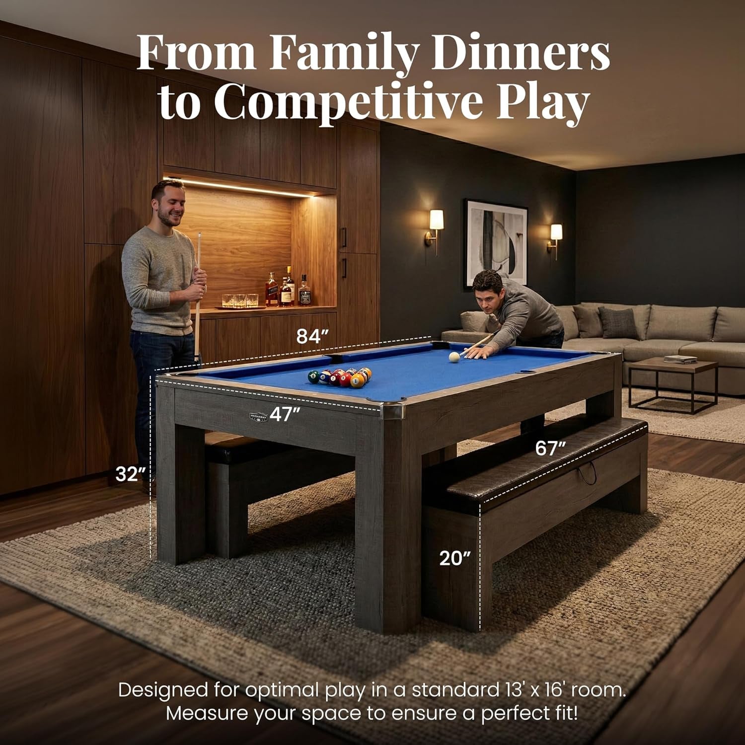 Newport 7 Foot Pool Table Combo – 3 in 1 Game Table with Reversable Table Tennis Top & Dining Top – Includes Game Accessories & Two Benches – Chrome Accents, Rustic Gray Finish, Blue Felt