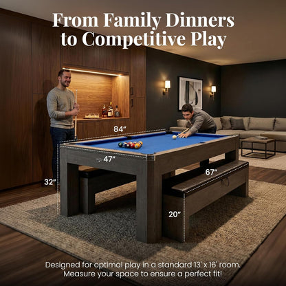 Newport 7 Foot Pool Table Combo – 3 in 1 Game Table with Reversable Table Tennis Top & Dining Top – Includes Game Accessories & Two Benches – Chrome Accents, Rustic Gray Finish, Blue Felt