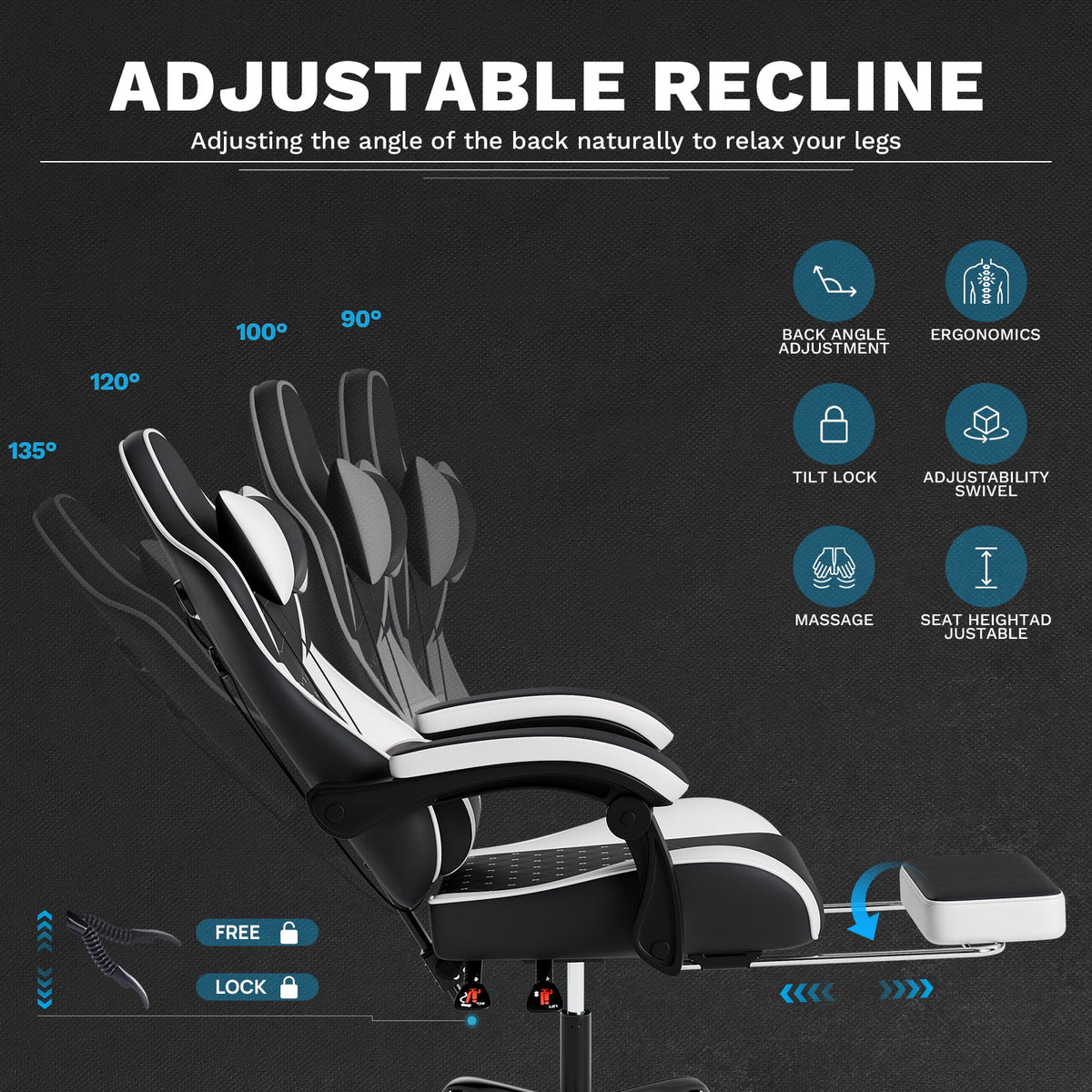 Ergonomic Video Gamer Chair with Massage Lumbar Support and Footrest - Black