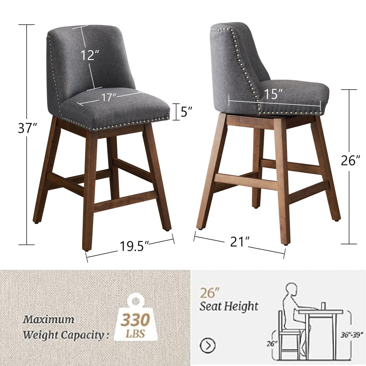 Upholstered Swivel Bar Stool Set with High Back and 360° Rotation - Blue or Dark Gray