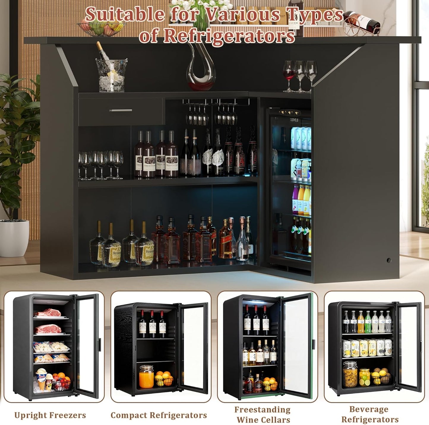 L-Shaped Home Bar Cabinet with Fridge Space, 4-Tier Corner Bar Cabinet with Glass Holder, Liquor Cabinet for Home with Led Lights, Power Outlets, Wine Cabinet for Living Room, Dining Room, Basement