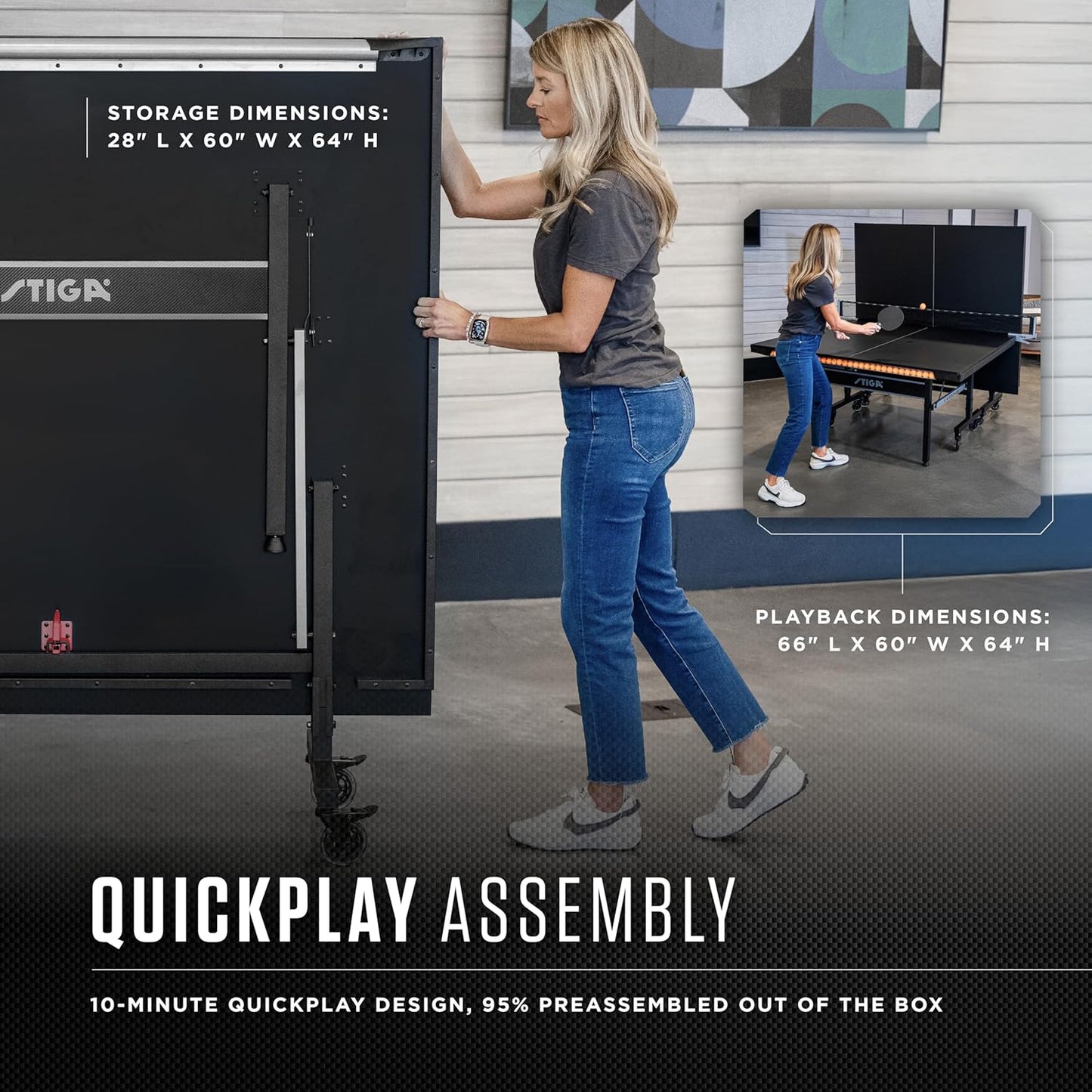 Carbon Series Indoor Table Tennis Table with 15Mm - 18Mm Performance Top, Quickplay Assembly, Built-In Ball Storage, Foldable Playback Mode & Lockable Casters
