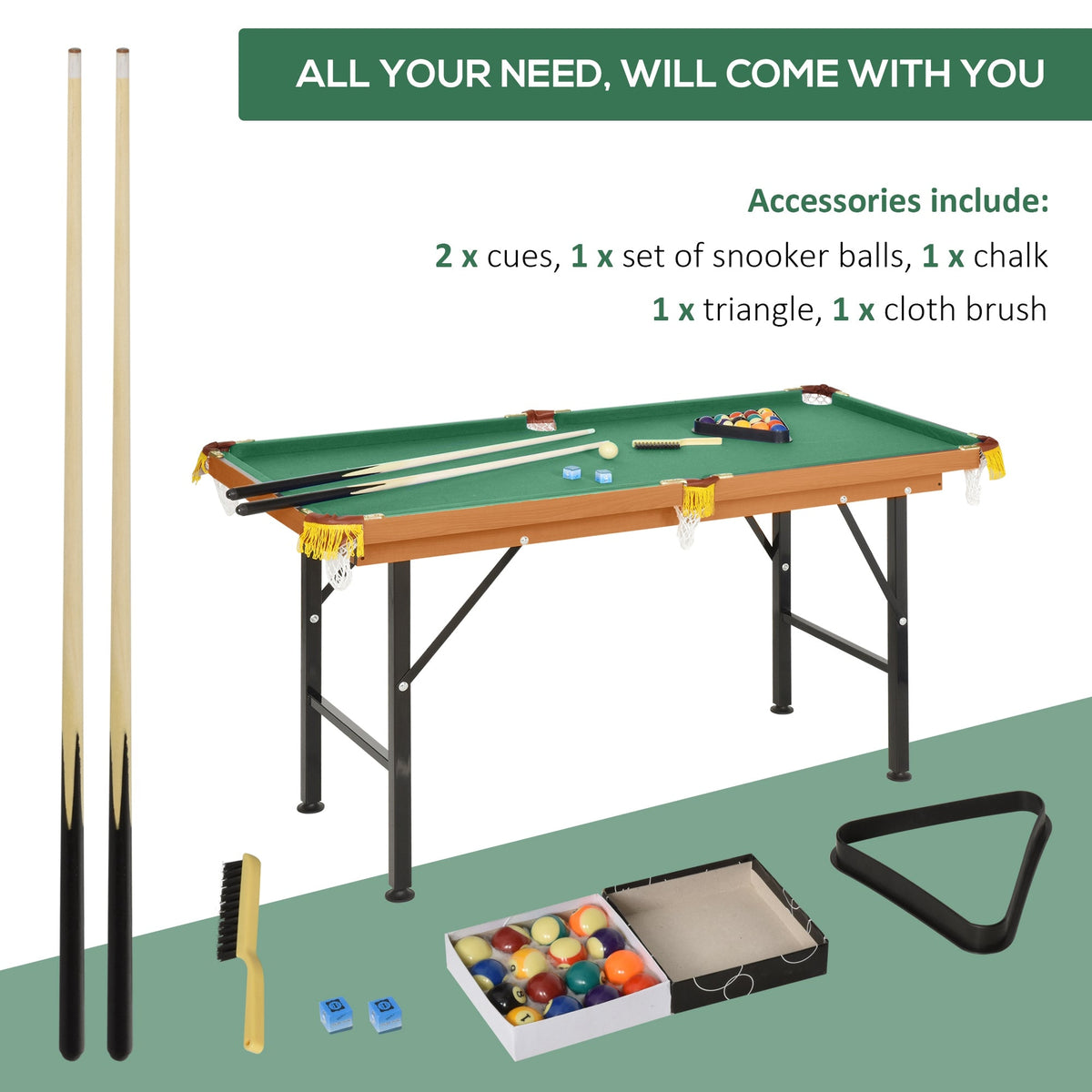 55 Portable Folding Billiards Table Game Pool Table for Whole Family Number Use With Cues, Ball, Rack, Green