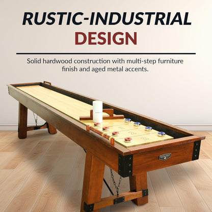 Cheyenne 12 Ft Shuffleboard Table for Family Arcade Game Room - with Poly-Coated Playfield, Built-In Scorer & Cabinet, Climate Adjusters, Leg Levelers, 8 Pucks, Brush & Wax – Rustic Oak