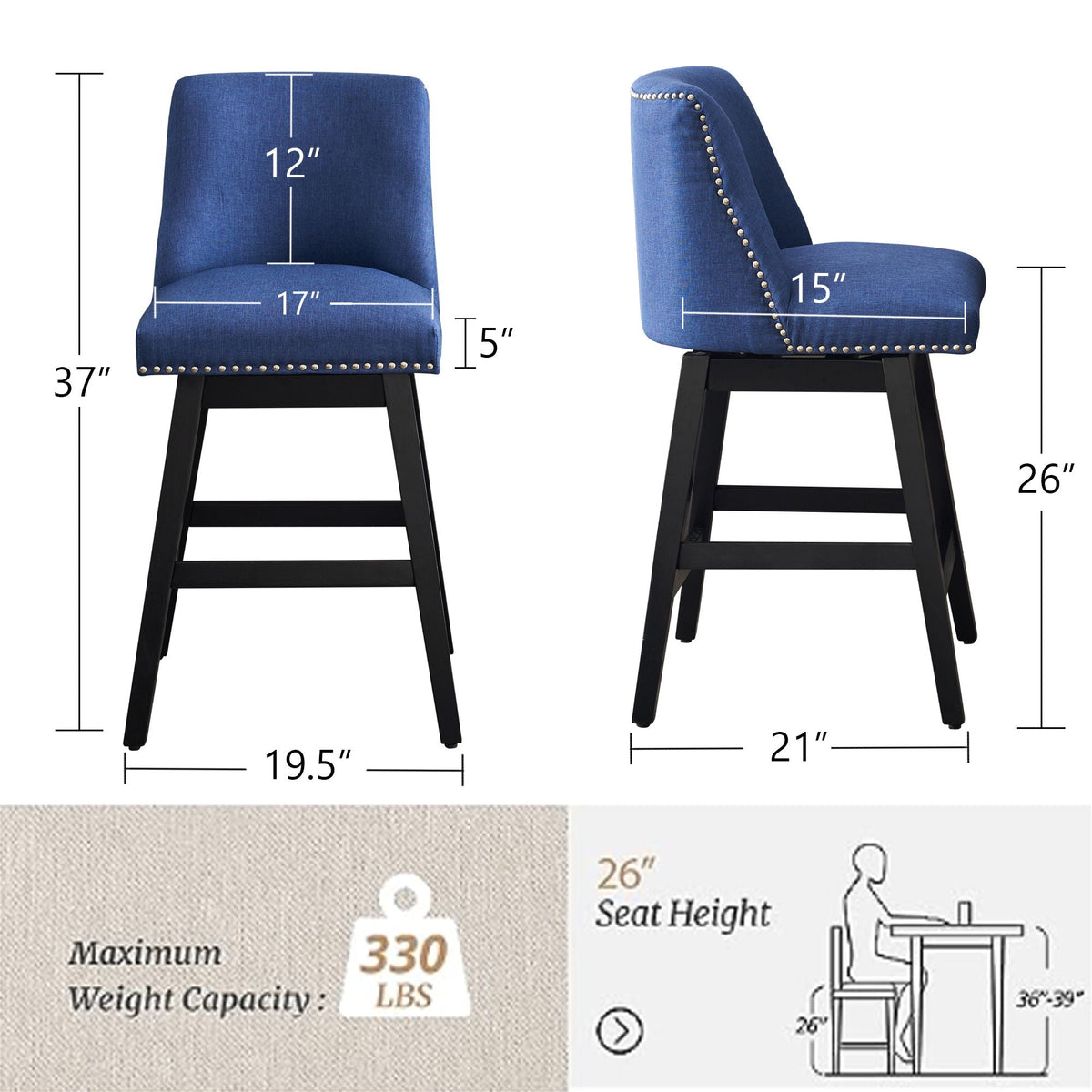Upholstered Swivel Bar Stool Set with High Back and 360° Rotation - Blue or Dark Gray