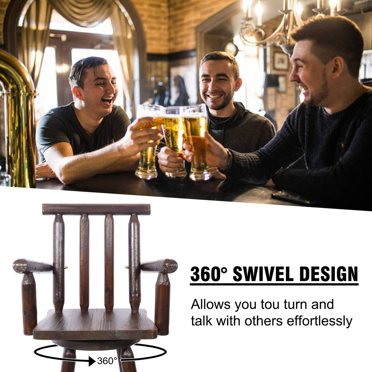 Rustic Bar Stool with Wide Armrest and 360° Swivel - Dark Brown or Light Brown