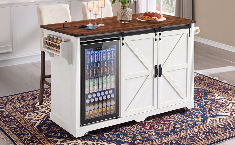 72" Farmhouse Kitchen Island with Fridge Storage and Power Outlets - Imitation Wood Grain
