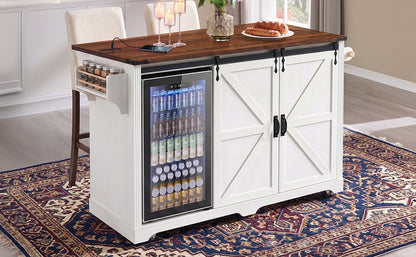 72" Farmhouse Kitchen Island with Fridge Storage and Power Outlets - Imitation Wood Grain