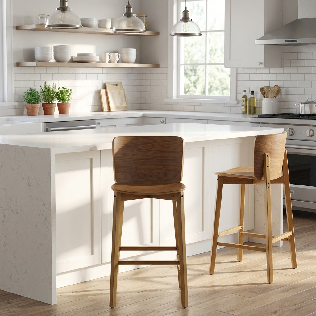 Pari Indoor Wooden Barstool with Ergonomic Bent-Wood Back - Walnut