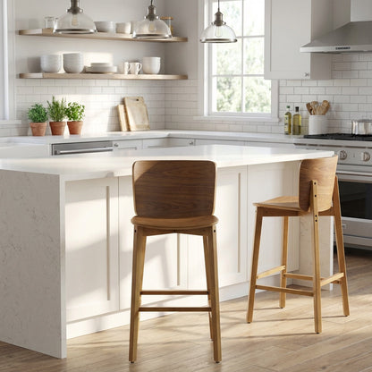 Pari Indoor Wooden Barstool with Ergonomic Bent-Wood Back - Walnut