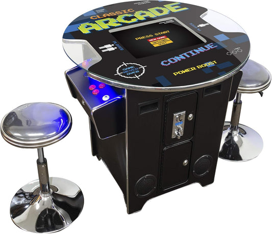 Arcade Full-Size Commercial Cocktail Machine - 2 Player, 60 Games, 22" LCD Screen, Round Glass Top, Dual Sanwa Joysticks, Includes 2 Stools, 3-Year Warranty