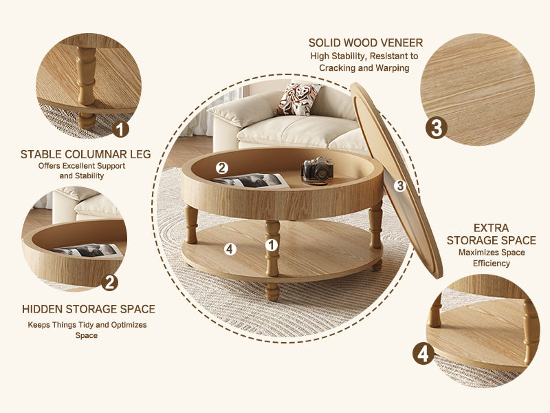 Round Coffee Activity Table with Dual Storage - Natural Wood, 31.5"