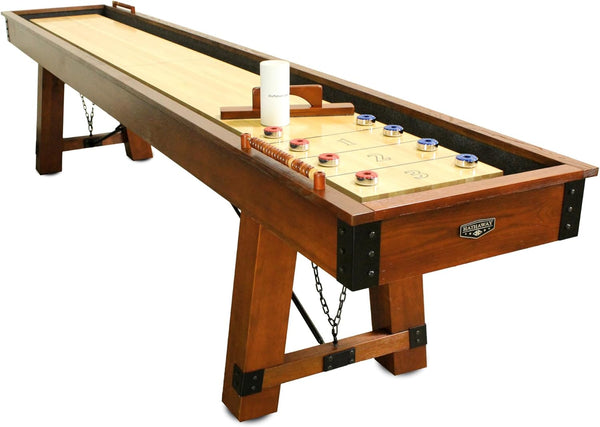 Elevate Your Game Room with the Cheyenne 12 Ft Shuffleboard Table - Complete Set with Pro Features and Rustic Oak Finish