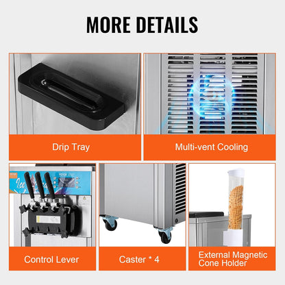 Commercial Ice Cream Machine, 21-31 L/H Yield, 1800W 3-Flavor Freestanding Soft Serve Ice Cream Maker, 2 X 5.5L Stainless Steel Cylinder, LED Panel Auto Clean Pre-Cooling, for Restaurant Bars