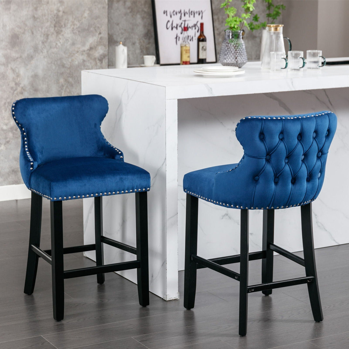 Upholstered Wing-Back Barstools with Button Tufting and Nailhead Trim - Set of 2