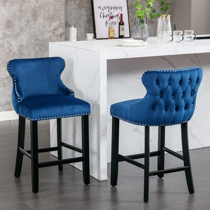 Upholstered Wing-Back Barstools with Button Tufting and Nailhead Trim - Set of 2