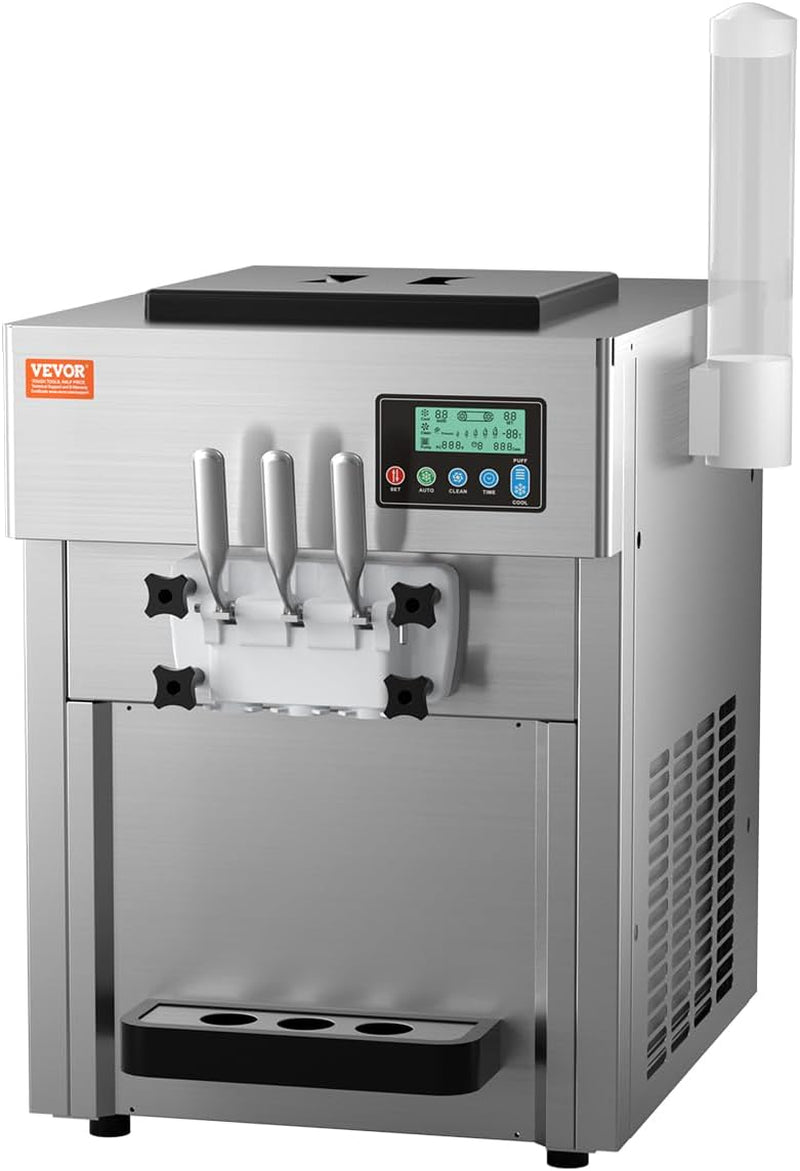 Commercial Ice Cream Machine, 21 QT/H Soft Serve Ice Cream Maker with LCD Panel Auto Clean 3-Flavor Pre-Cooling for Restaurant Snack Bar