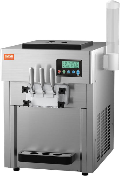 Commercial Ice Cream Machine, 21 QT/H Soft Serve Ice Cream Maker with LCD Panel Auto Clean 3-Flavor Pre-Cooling for Restaurant Snack Bar
