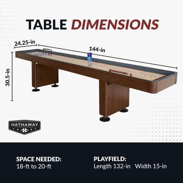 Challenger 12-ft Shuffleboard Table with Walnut Finish. Features Built-In Scoring, Climate Adjusters & Accessory Set
