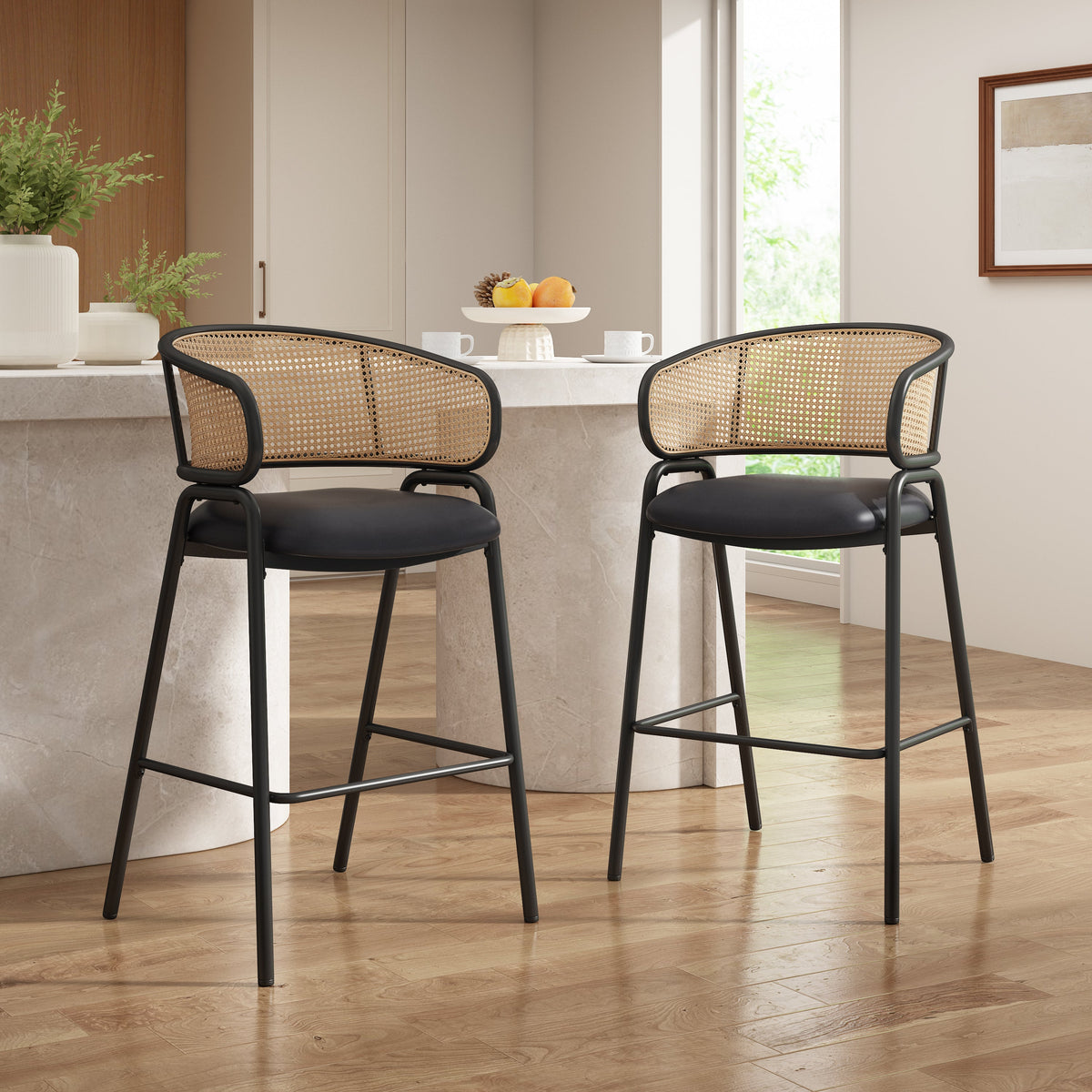 Ethan Indoor Metal Upholstered Barstool Set of 2 with Faux Leather & Rattan - Multi