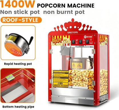 Crown Style,Commercial Popcorn Machine, 8 Ounce Kettle, 1400W, Theater Style, Family Style, with 3 Wwitch Controls, Steel Frame Tempered Glass Door, 1 Spoon, Red