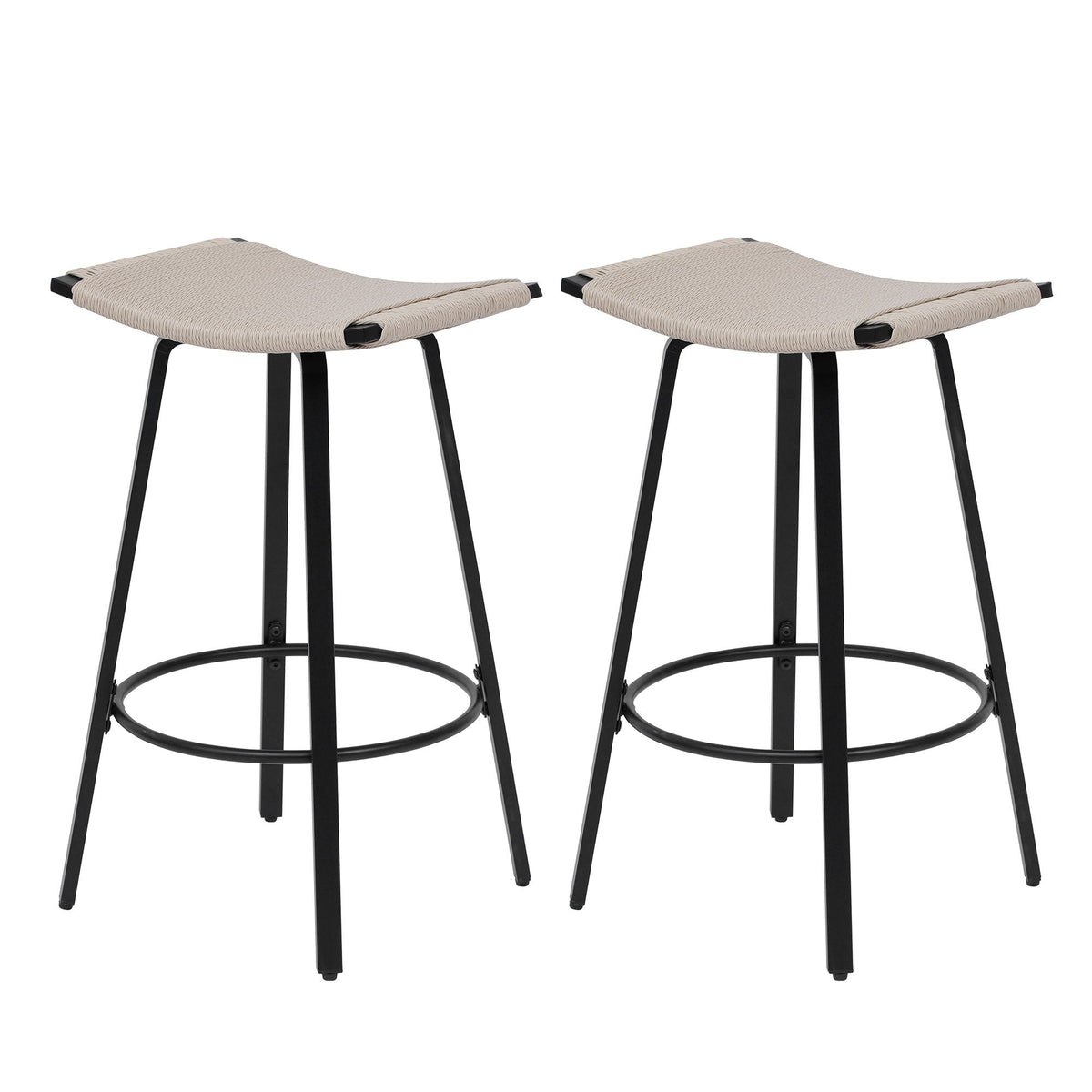 Counter Height Bar Stools Backless Handwoven Set with Round Footrest - Creamy White