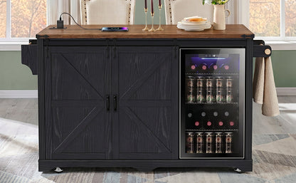 72" Farmhouse Kitchen Island with Fridge Storage & Power Outlet - Black