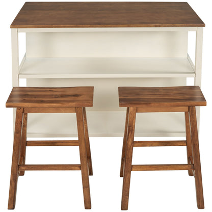Rustic 3 Piece Stationary Kitchen Island Set with 2 Open Shelves - Light Brown