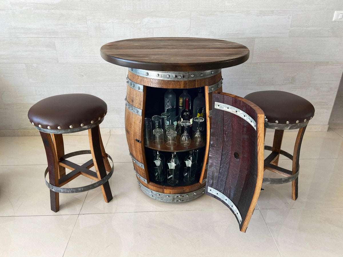 Multi-Use Whiskey & Wine Barrel Bar Set — Glass Top, Cabinet Storage