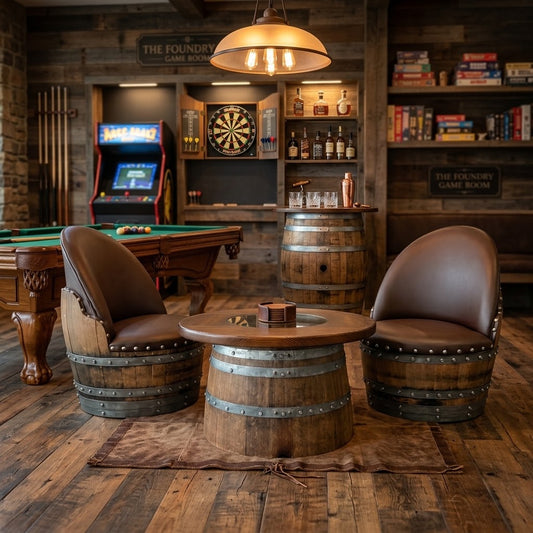 Whiskey & Wine Barrel Coffee Table — Half-Barrel Glass Top, Hidden Storage
