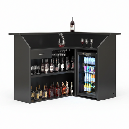 L-Shaped Home Bar Cabinet with Fridge Space, 4-Tier Corner Bar Cabinet with Glass Holder, Liquor Cabinet for Home with Led Lights, Power Outlets, Wine Cabinet for Living Room, Dining Room, Basement