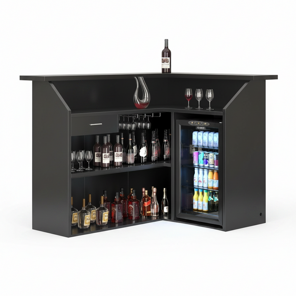 L-Shaped Home Bar Cabinet with Fridge Space, 4-Tier Corner Bar Cabinet with Glass Holder, Liquor Cabinet for Home with Led Lights, Power Outlets, Wine Cabinet for Living Room, Dining Room, Basement