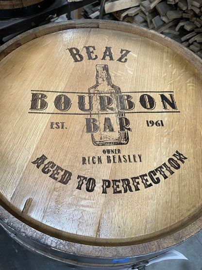 Custom made Bourbon Barrel Bistro/Pub Table Table with glass insert- Custom designed laser engraving available