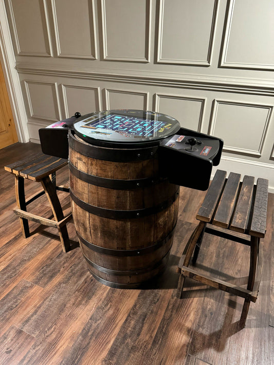 Handcrafted 60-Game 8-Bit Whiskey Barrel Arcade Table
