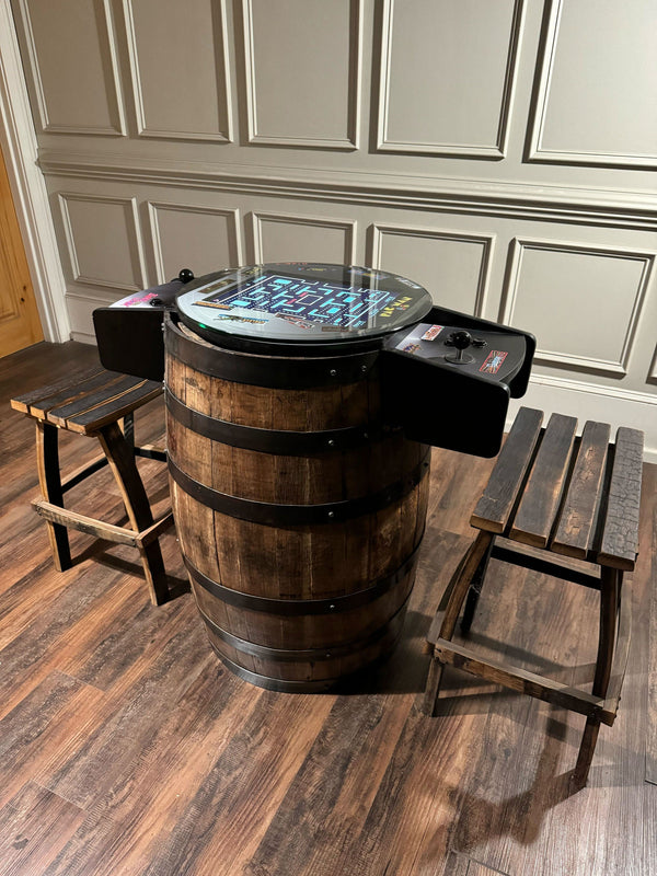 Handcrafted 60-Game 8-Bit Whiskey Barrel Arcade Table