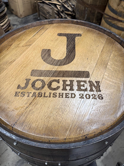 Custom made Bourbon Barrel Bistro/Pub Table Table with glass insert- Custom designed laser engraving available