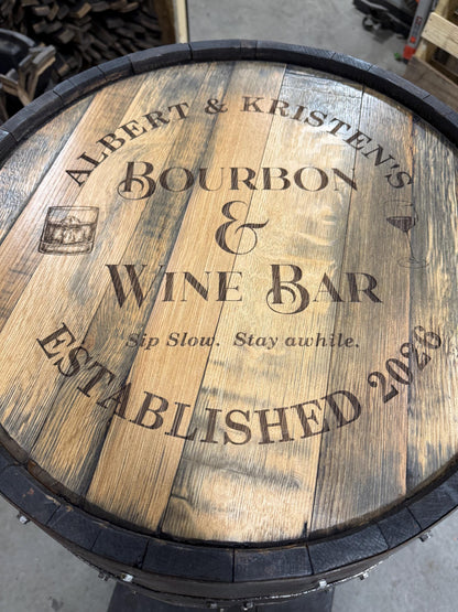 Custom made Bourbon Barrel Bistro/Pub Table Table with glass insert- Custom designed laser engraving available