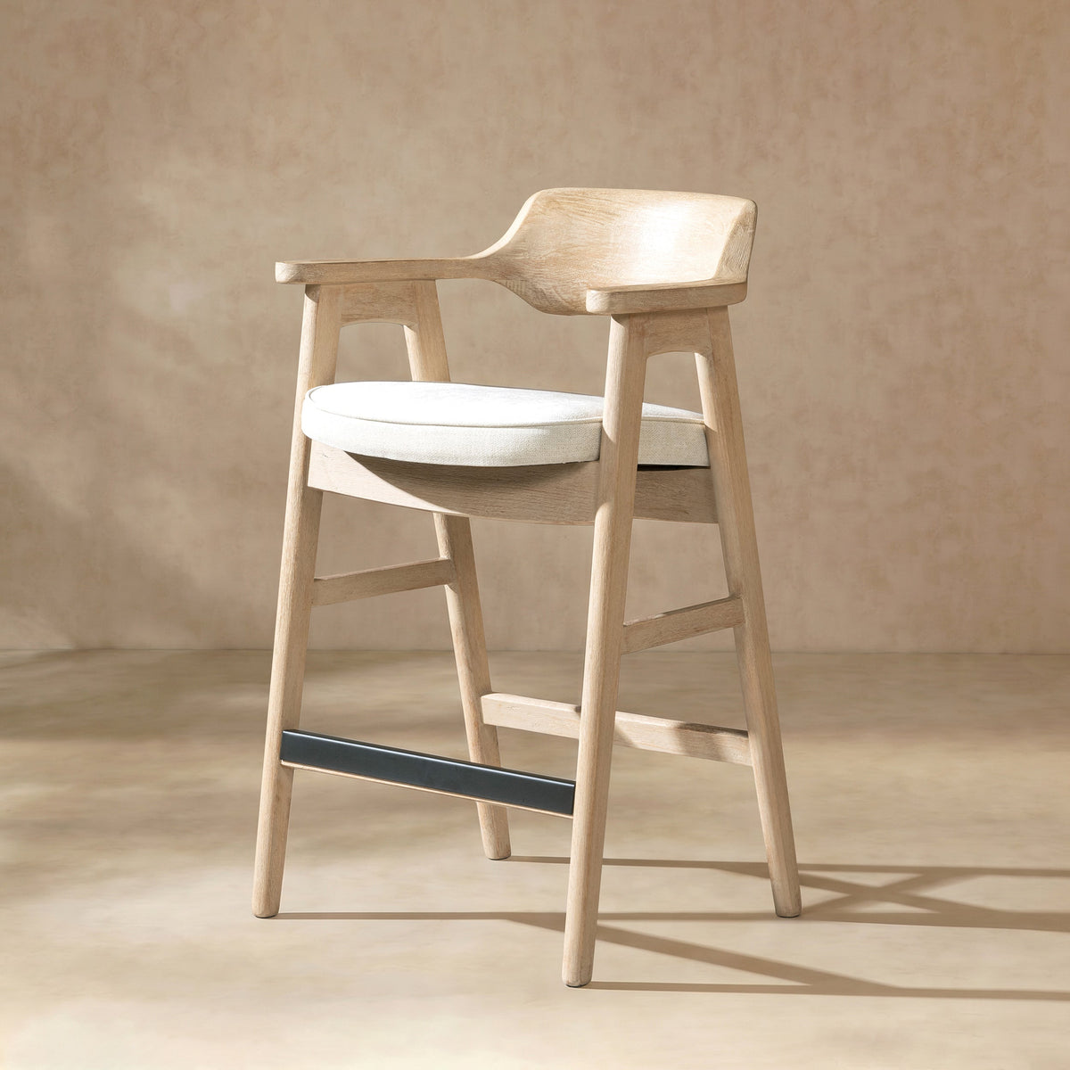 29.5" Upholstered Reclaimed Pine Bar Stool with Chenille Seat - Light Beige